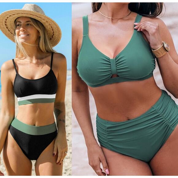 NWT Cupshe Black Colorblock Bralette & High Waist Bikini Swimsuit BUNDLE Size M - Picture 1 of 7